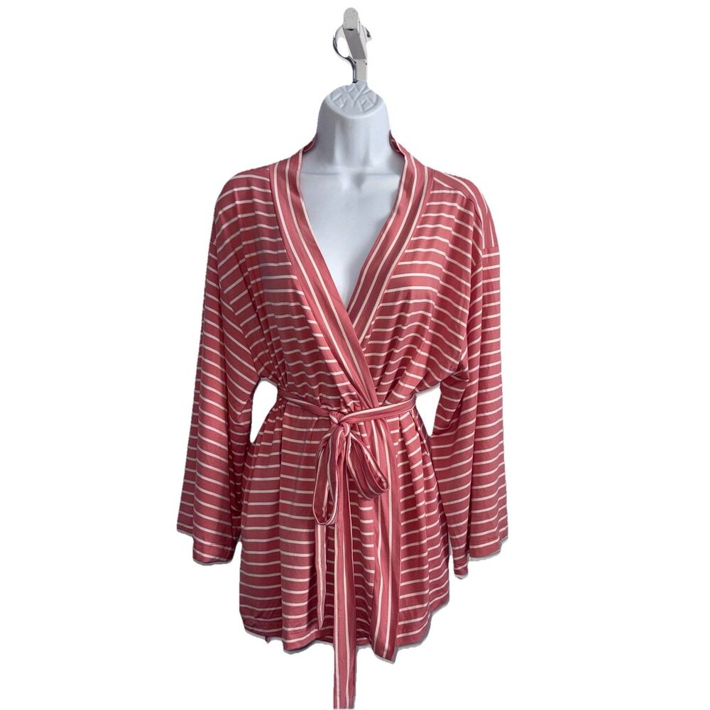 State of Day Women’s Short Kimono Robe Size Large Sea Coral White Striped NWT